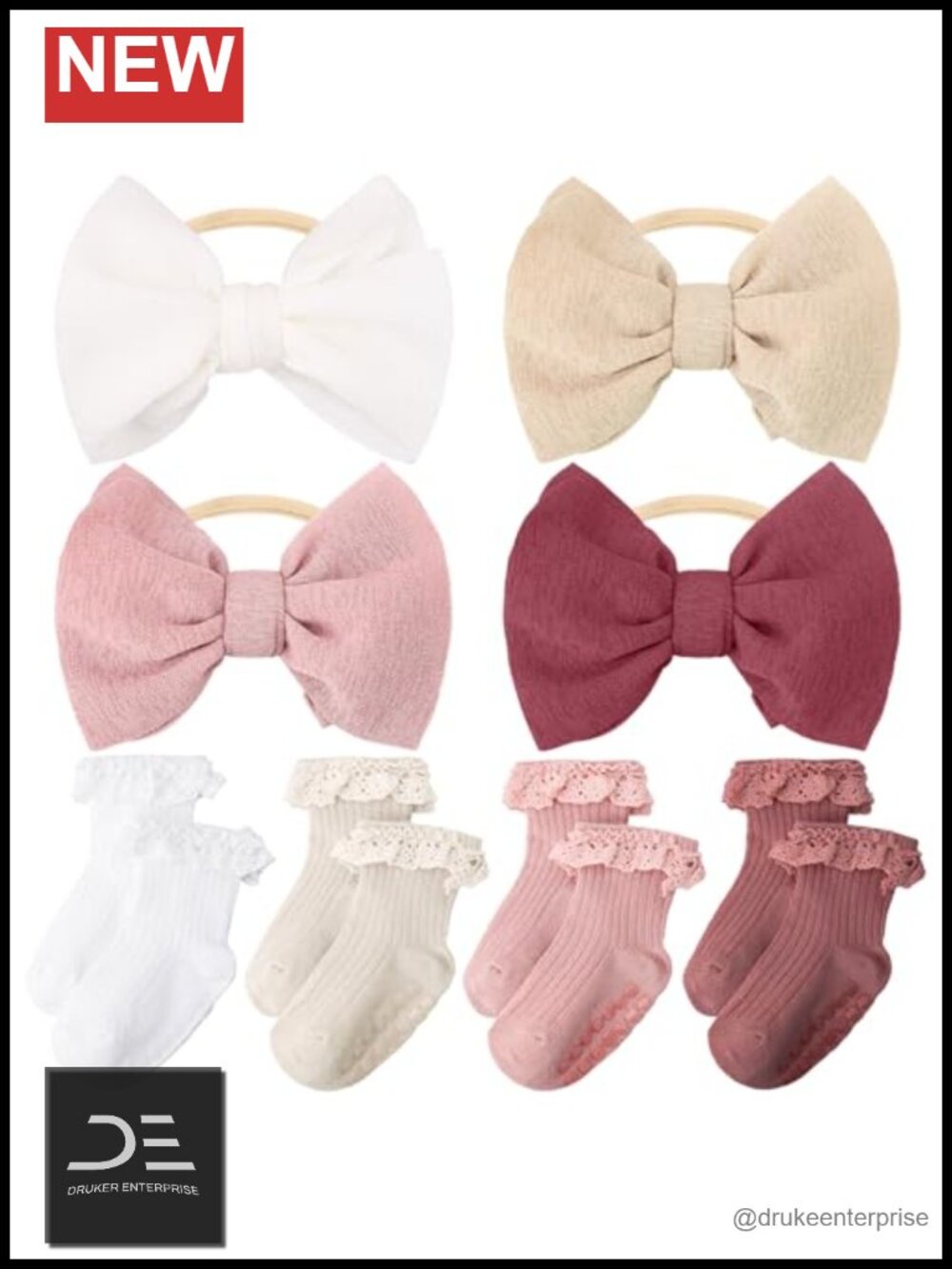 Baby Girl Headband & Non-Slip Socks Set 8pc Cute Bow Design 0-12 Months